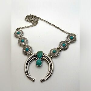 Vtg Faux Turquoise Silver Tone Squash Blossom Style Necklace 22” + 2.5” Ext